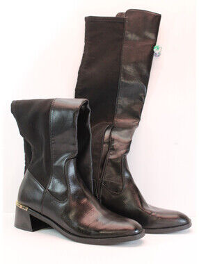 Blk UNISA Knee-Hi Unaklen-T Faux Leather Expand. Calf Zip Ankle 8.5M Gold Spur